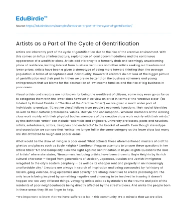 Artists as a Part of The Cycle of Gentrification