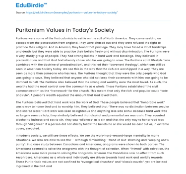 Puritanism Values in Today’s Society