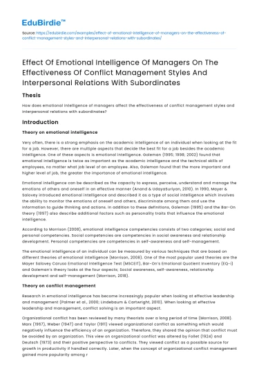 Emotional Intelligence and Conflict Management Styles in Managers