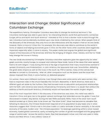 Interaction and Change: Global Significance of Columbian Exchange