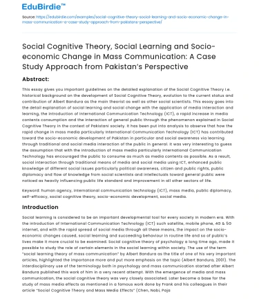 Social Cognitive Theory and Socio-Economic Change in Pakistan