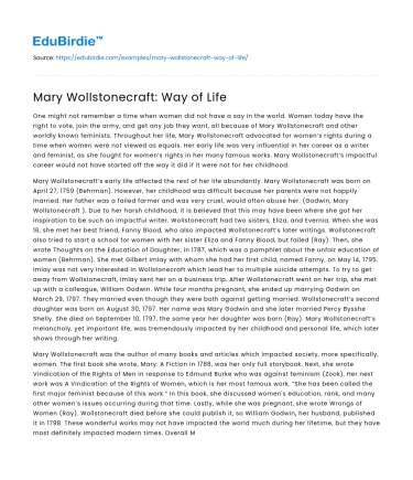 Mary Wollstonecraft: Way of Life