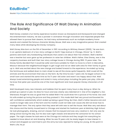 The Role And Significance Of Walt Disney In Animation And Society