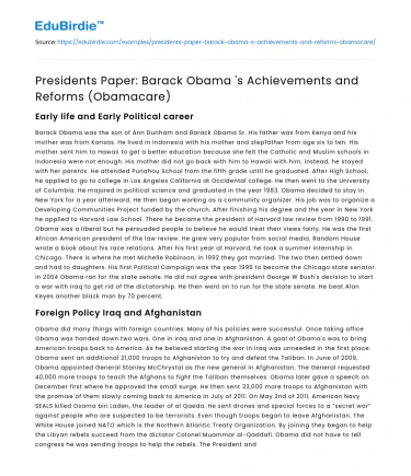 Presidents Paper: Barack Obama ‘s Achievements and Reforms (Obamacare)