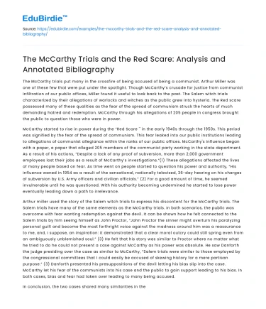 The McCarthy Trials and the Red Scare: Analysis and Annotated Bibliography