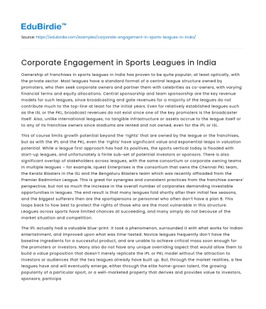 Corporate Engagement in Sports Leagues in India