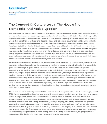 The Concept Of Culture Lost In The Novels The Namesake And Native Speaker
