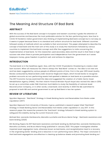 The Meaning And Structure Of Bad Bank