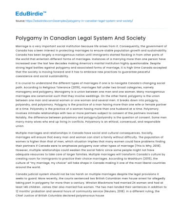 Polygamy In Canadian Legal System And Society