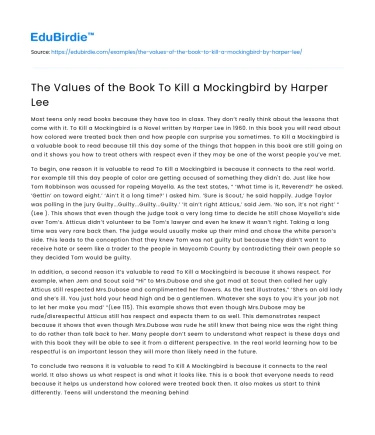 The Values of the Book To Kill a Mockingbird by Harper Lee