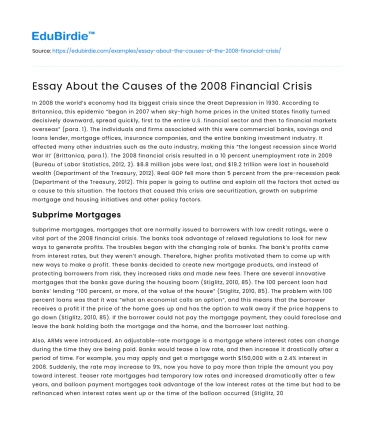 Essay About the Causes of the 2008 Financial Crisis