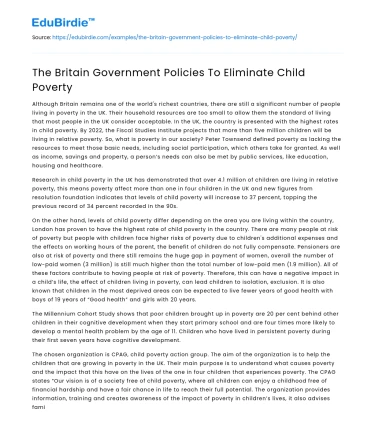 The Britain Government Policies To Eliminate Child Poverty