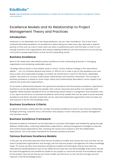 Excellence Models and Project Management Theory & Practice