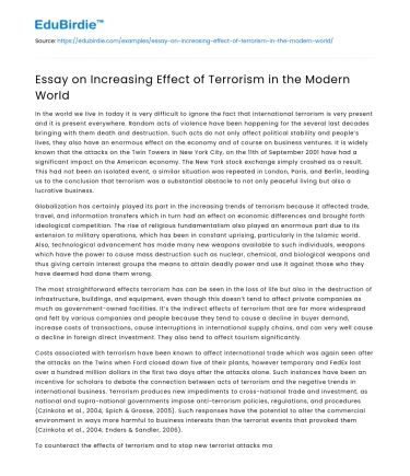Essay on Increasing Effect of Terrorism in the Modern World