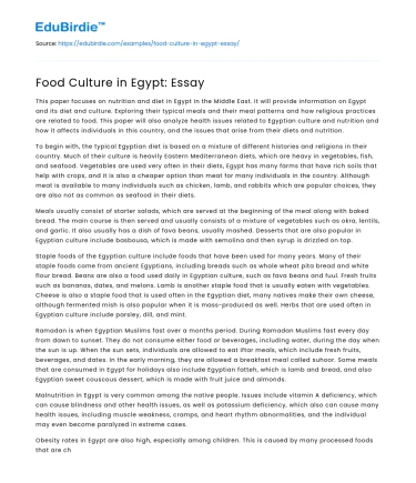 Food Culture in Egypt: Essay