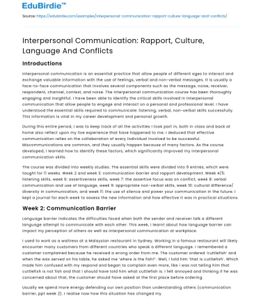 Interpersonal Communication: Rapport, Culture, Language And Conflicts