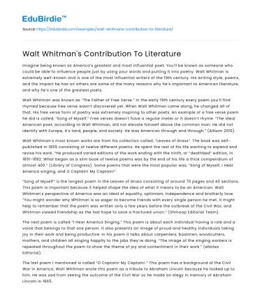 Walt Whitman’s Contribution To Literature