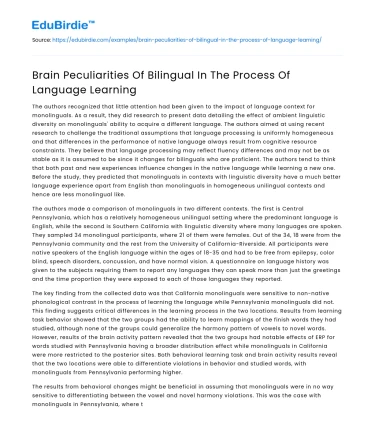 Brain Peculiarities Of Bilingual In The Process Of Language Learning