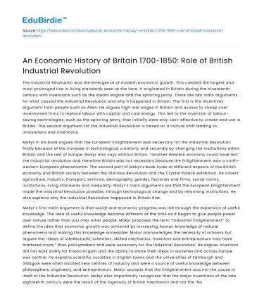 Britain’s Economic History 1700-1850: Industrial Revolution’s Impact