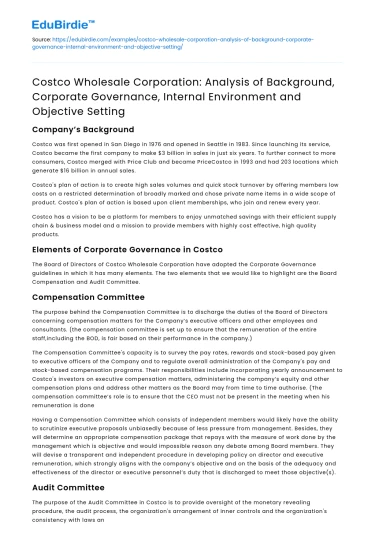 Costco Corp: Background, Governance, Environment & Objectives