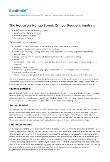 The House on Mango Street: Critical Reader’s Analysis