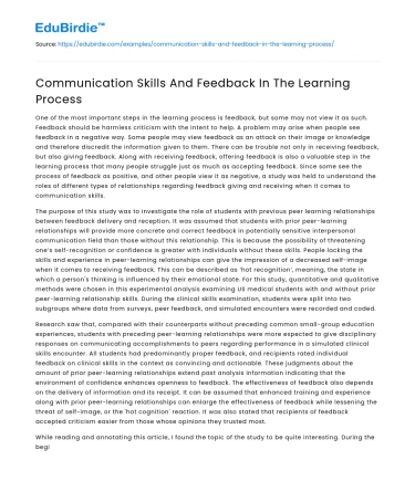 Communication Skills And Feedback In The Learning Process