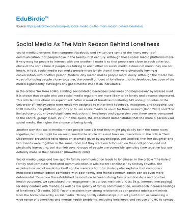 Social Media As The Main Reason Behind Loneliness