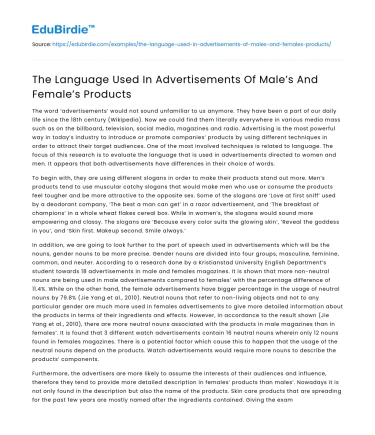 The Language Used In Advertisements Of Male’s And Female’s Products