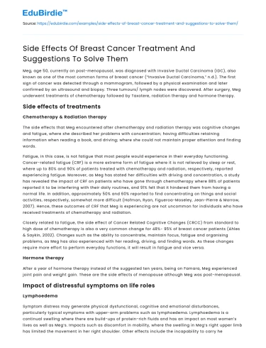 Side Effects Of Breast Cancer Treatment And Suggestions To Solve Them