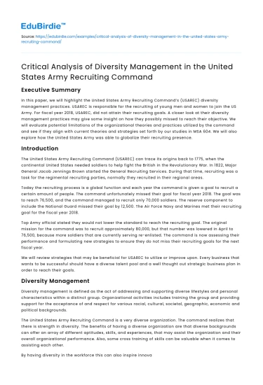 Diversity Management in US Army Recruiting Command