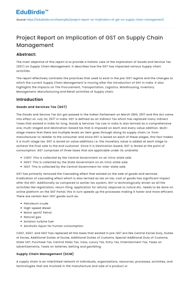 Project Report on Implication of GST on Supply Chain Management