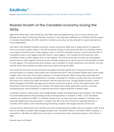 Roared Growth of the Canadian Economy During the 1920s