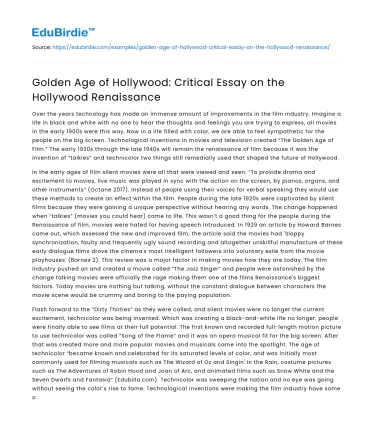 Golden Age of Hollywood: Critical Essay on the Hollywood Renaissance