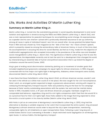 Life, Works And Activities Of Martin Luther King