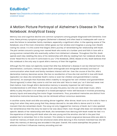 A Motion Picture Portrayal of Alzheimer’s Disease in The Notebook: Analytical Essay