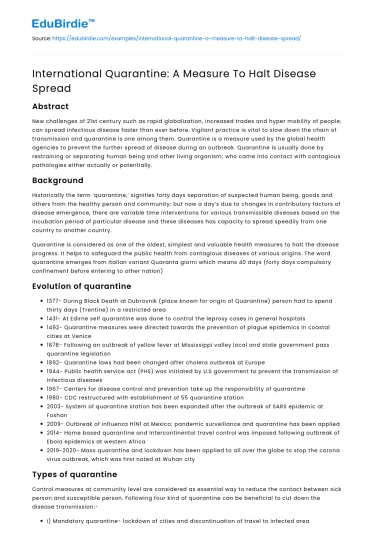 International Quarantine: A Measure To Halt Disease Spread