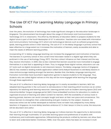 The Use Of ICT For Learning Malay Language In Primary Schools