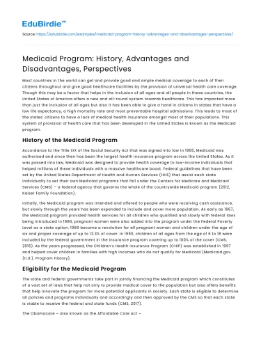Medicaid Program: History, Advantages and Disadvantages, Perspectives