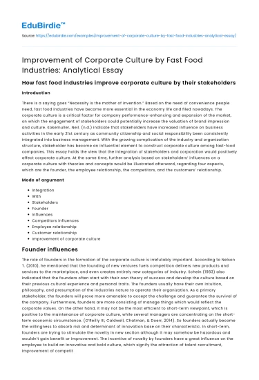 Improvement of Corporate Culture by Fast Food Industries