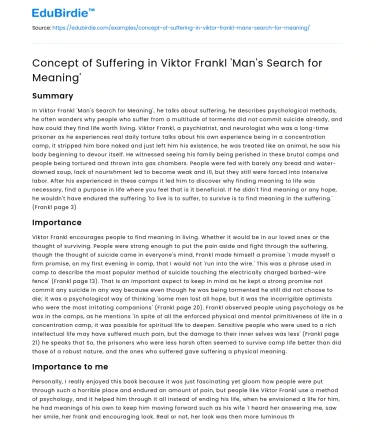 Concept of Suffering in Viktor Frankl ‘Man’s Search for Meaning’