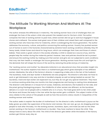 The Attitude To Working Woman And Mothers At The Workplace