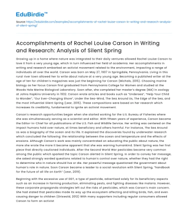 Rachel Louise Carson’s Achievements: Silent Spring Analysis