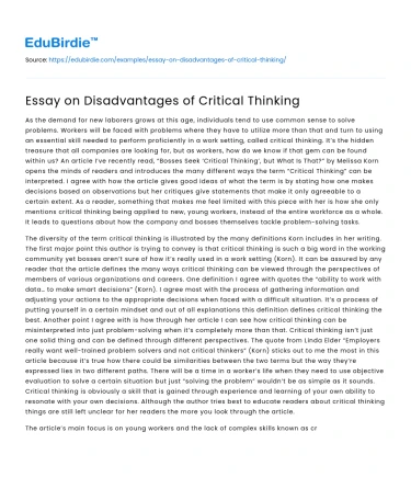 Essay on Disadvantages of Critical Thinking