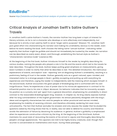 Critical Analysis of Jonathan Swift’s Satire Gulliver’s Travels