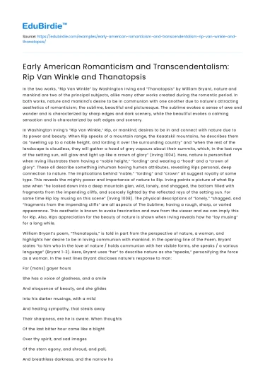 Early American Romanticism: Rip Van Winkle and Thanatopsis