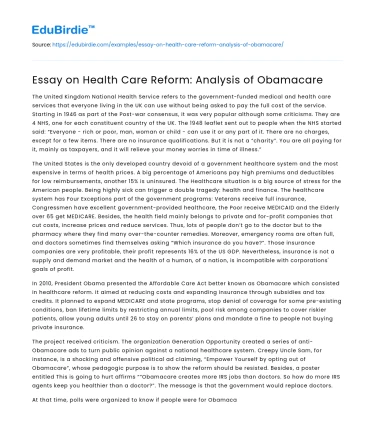 Essay on Health Care Reform: Analysis of Obamacare