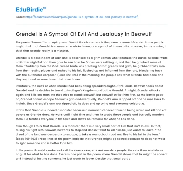 Grendel Is A Symbol Of Evil And Jealousy In Beowulf