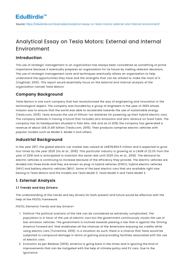 Analytical Essay on Tesla Motors: External and Internal Environment