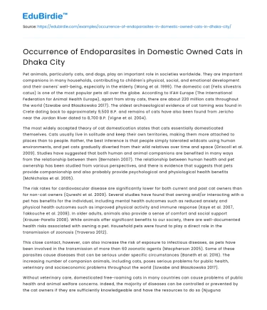 Occurrence of Endoparasites in Domestic Owned Cats in Dhaka City