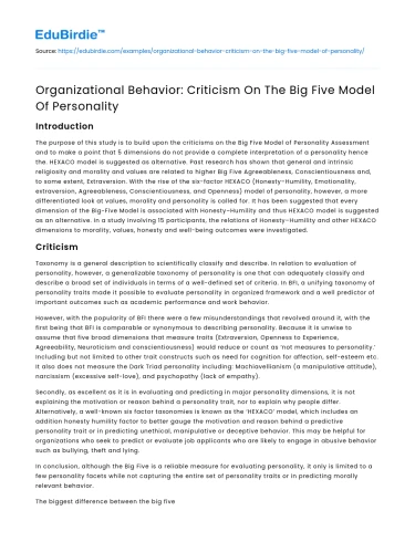 Organizational Behavior: Criticism On The Big Five Model Of Personality